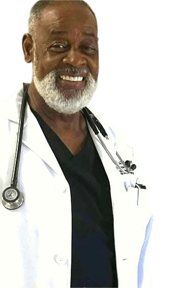 Doctor smiling while wearing a white coat and stethoscope.