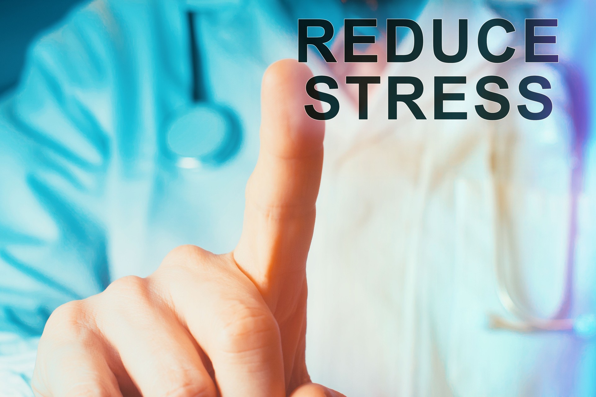 Close up of a doctor pointing finger up with reduce stress sign on medical background.